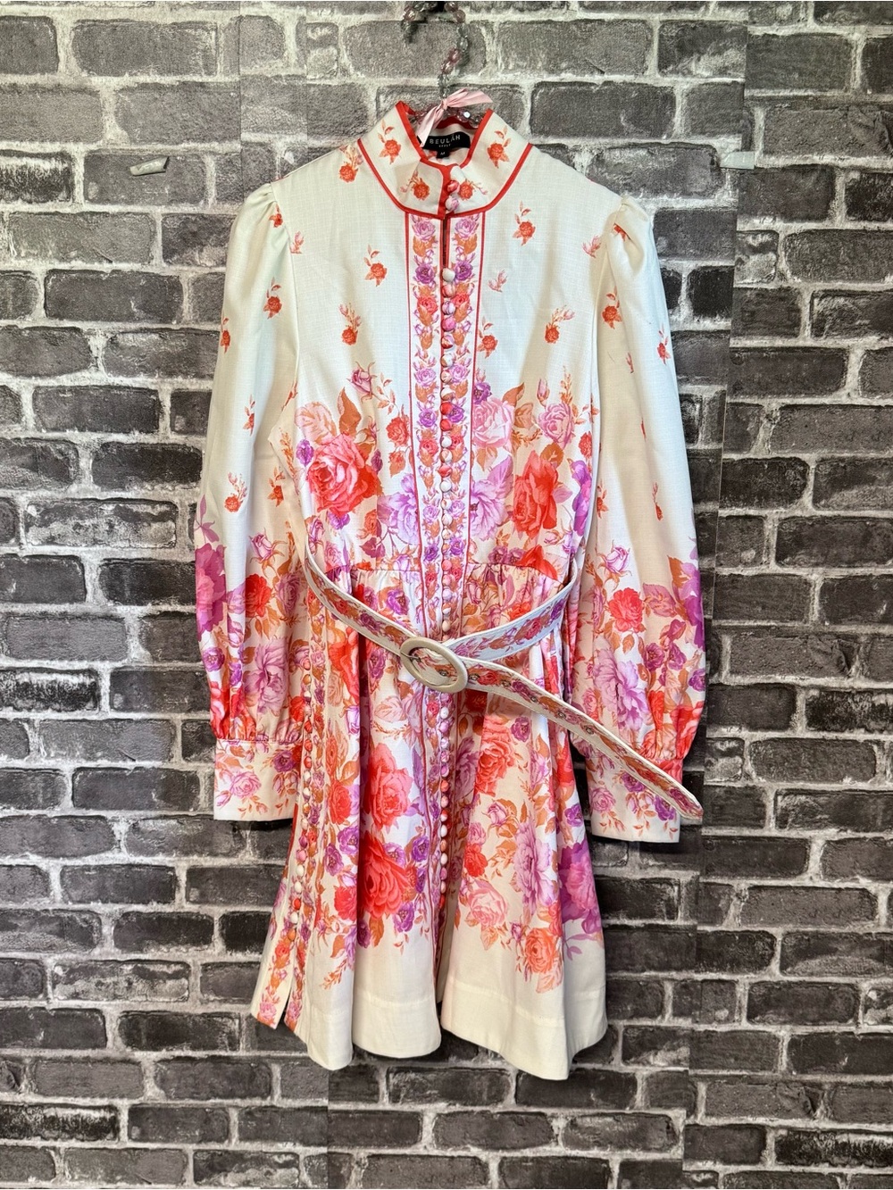 Beulah Mini Dress cream white pink floral button down belt waist